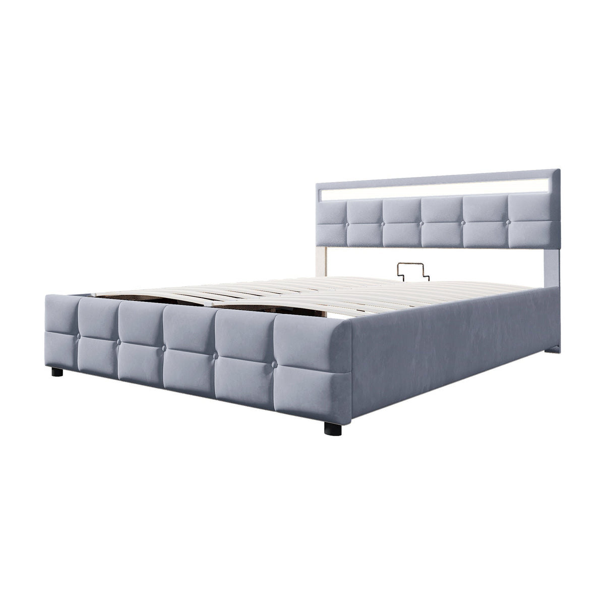 Upholstered Bed with LED Lights, Slatted Frame, Hydraulic, Dutch Velvet Fabric, Grey