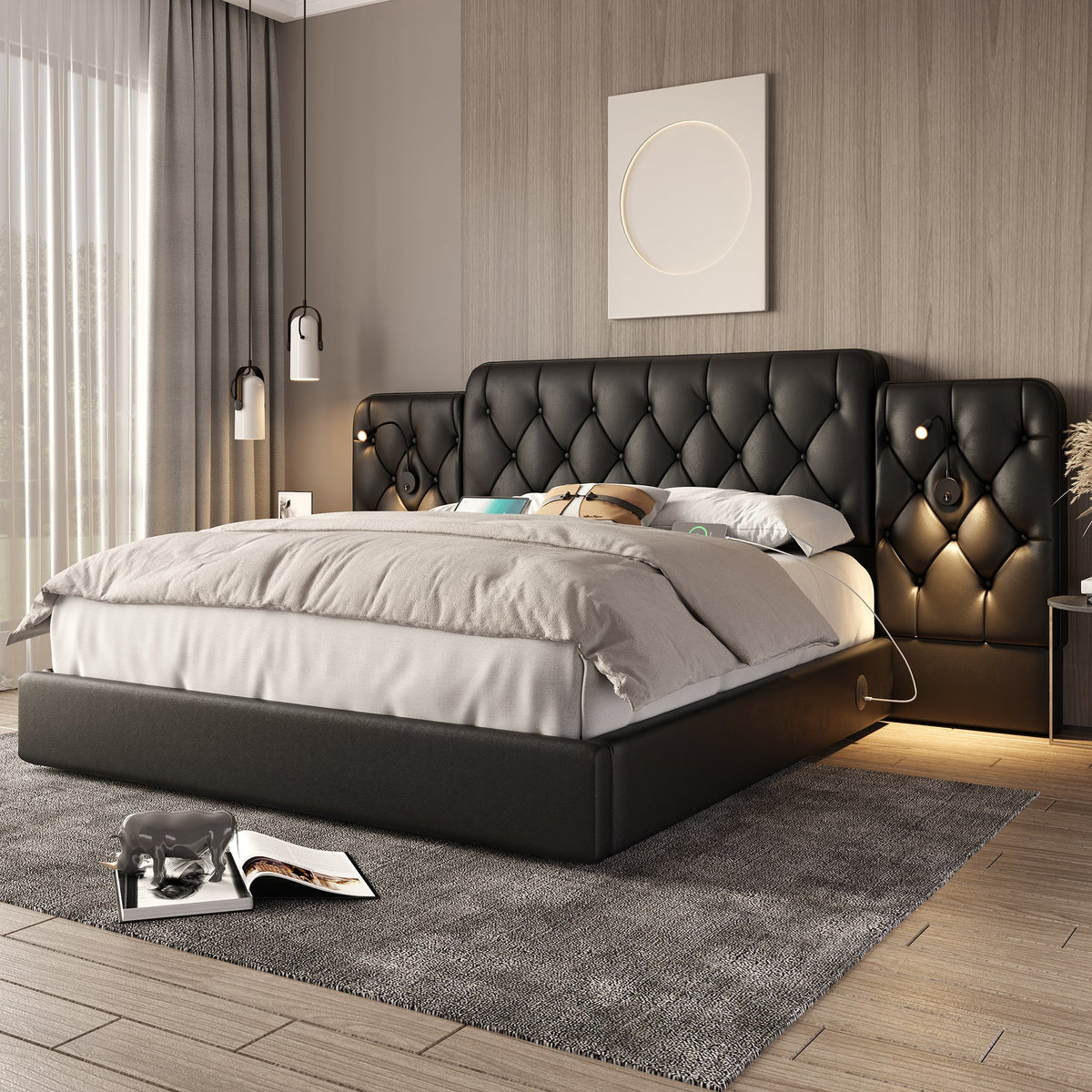 Bed Frame 160x200cm Hydraulic Storage USB Desk Lamp Velvet, Black