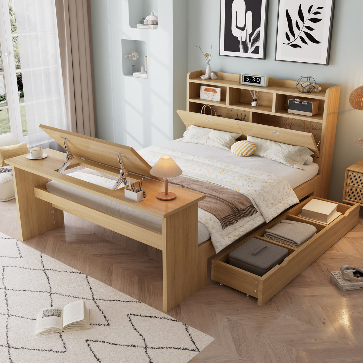 Children's Single Bed 140x200cm with Storage & Table, Natural Wood