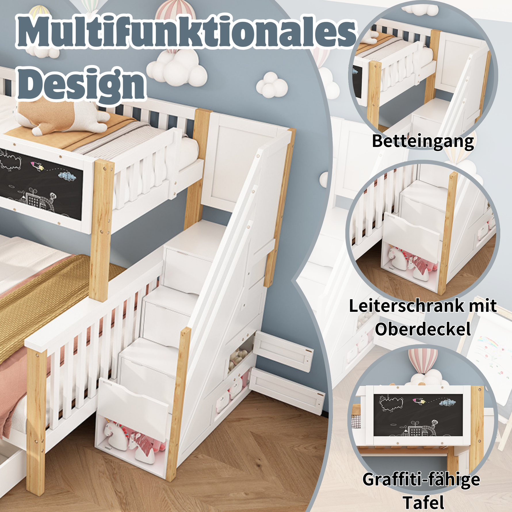 Children's Bunk Bed with Chalkboard, Drawers and Double Bed, 90x200cm and 140x200cm, White and Light Oak