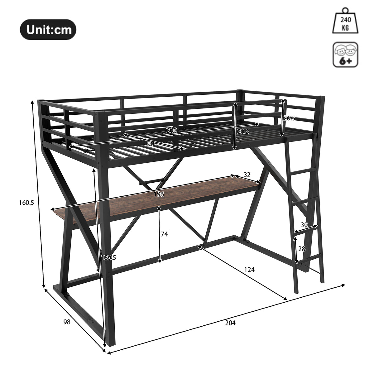 Loft Bed 90x200cm with Desk & LED Strip, Black Iron Frame
