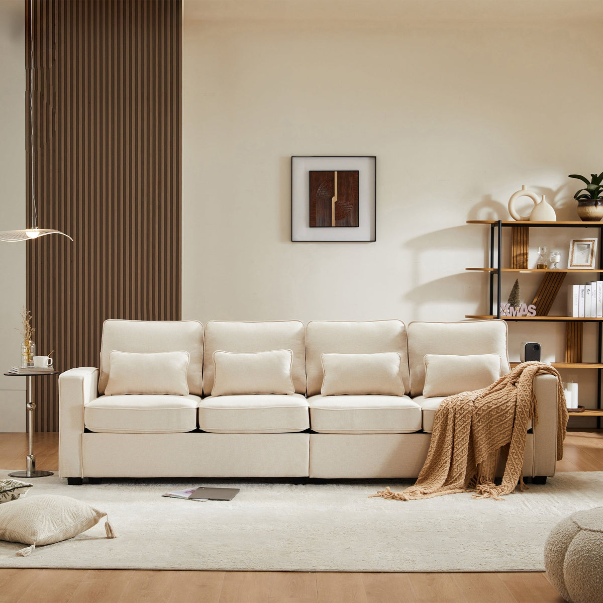 Sofa 4-Seater Linen Fabric with Armrest Pockets & 4 Cushions, Simple Style