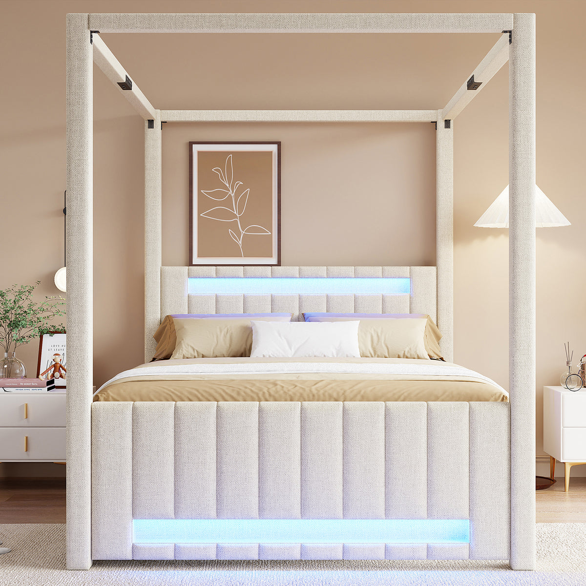 Upholstered Four-Poster Bed 140x200cm, 3 Drawers & LED, Beige