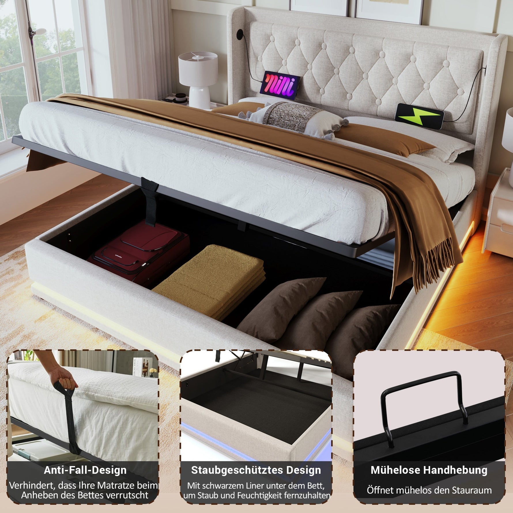 Upholstered Double Bed with Hydraulic Storage, USB and LED, 180x200cm, Beige Cotton