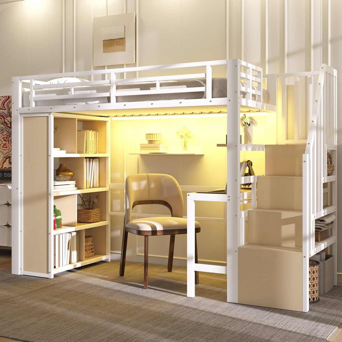 Loft Bed 90x200cm with Desk, Storage & LED Light - White Iron Frame