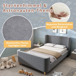 Children's Bed Upholstered Sleigh with Cosmic Pattern, 90x200cm, Grey Velvet
