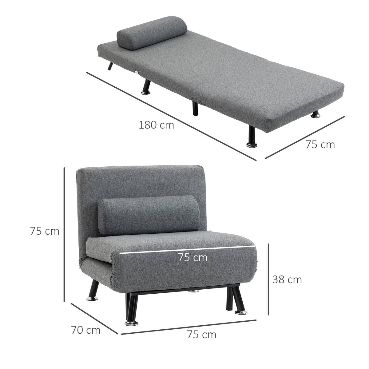 Sleeper Chair Folding Bed Adjustable Backrest, Dark Grey