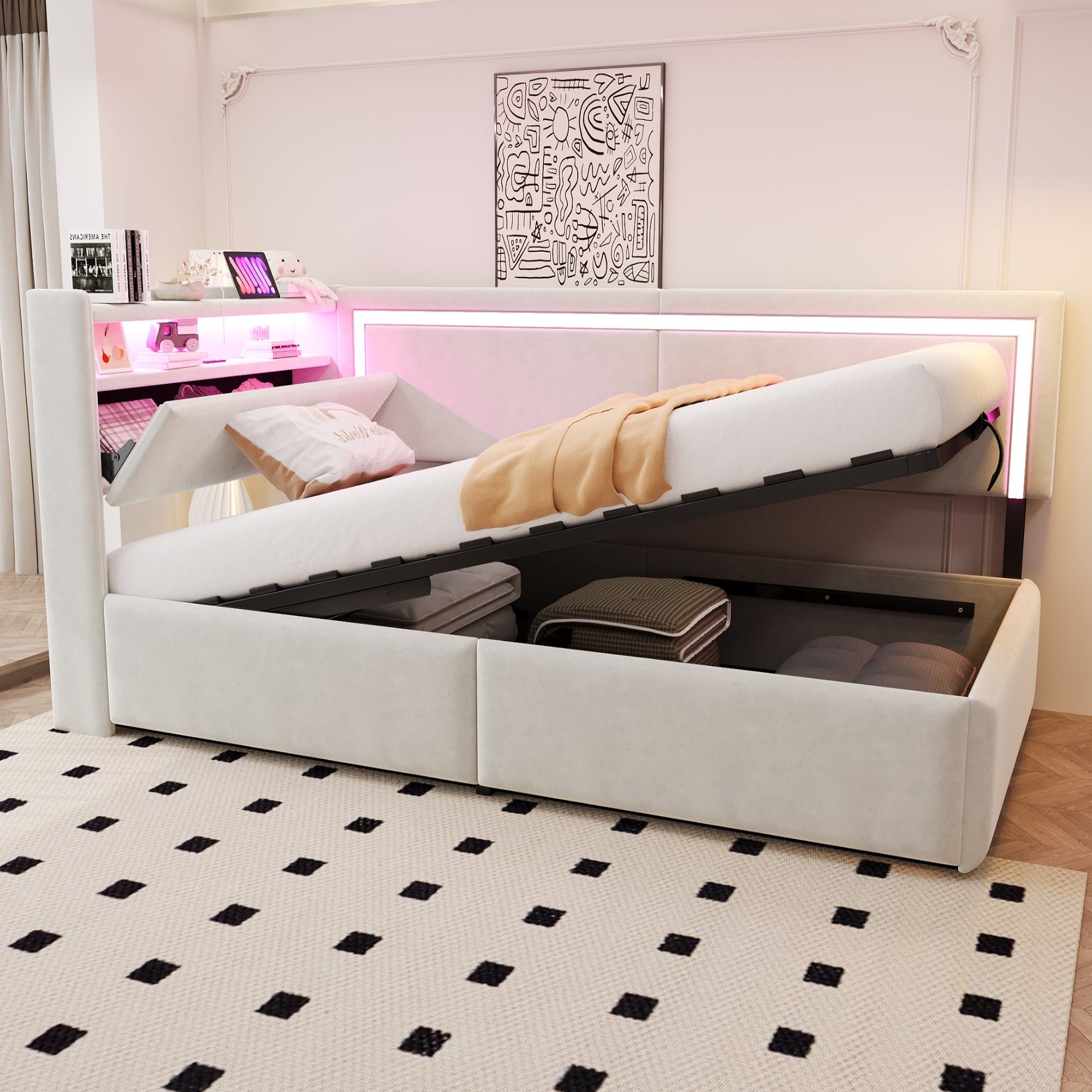 Upholstered Sofa Bed 90x200 cm with LED Lighting, USB Ports and Hydraulic Storage, Beige Velvet