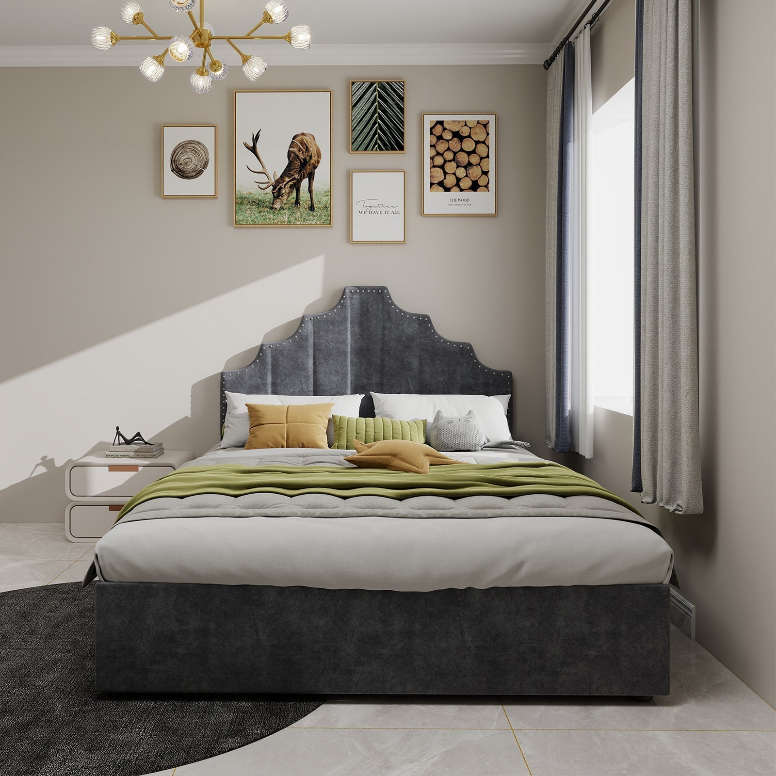 Modern Minimalist Soft Bed, 140*200CM, High Box Bed, Gray