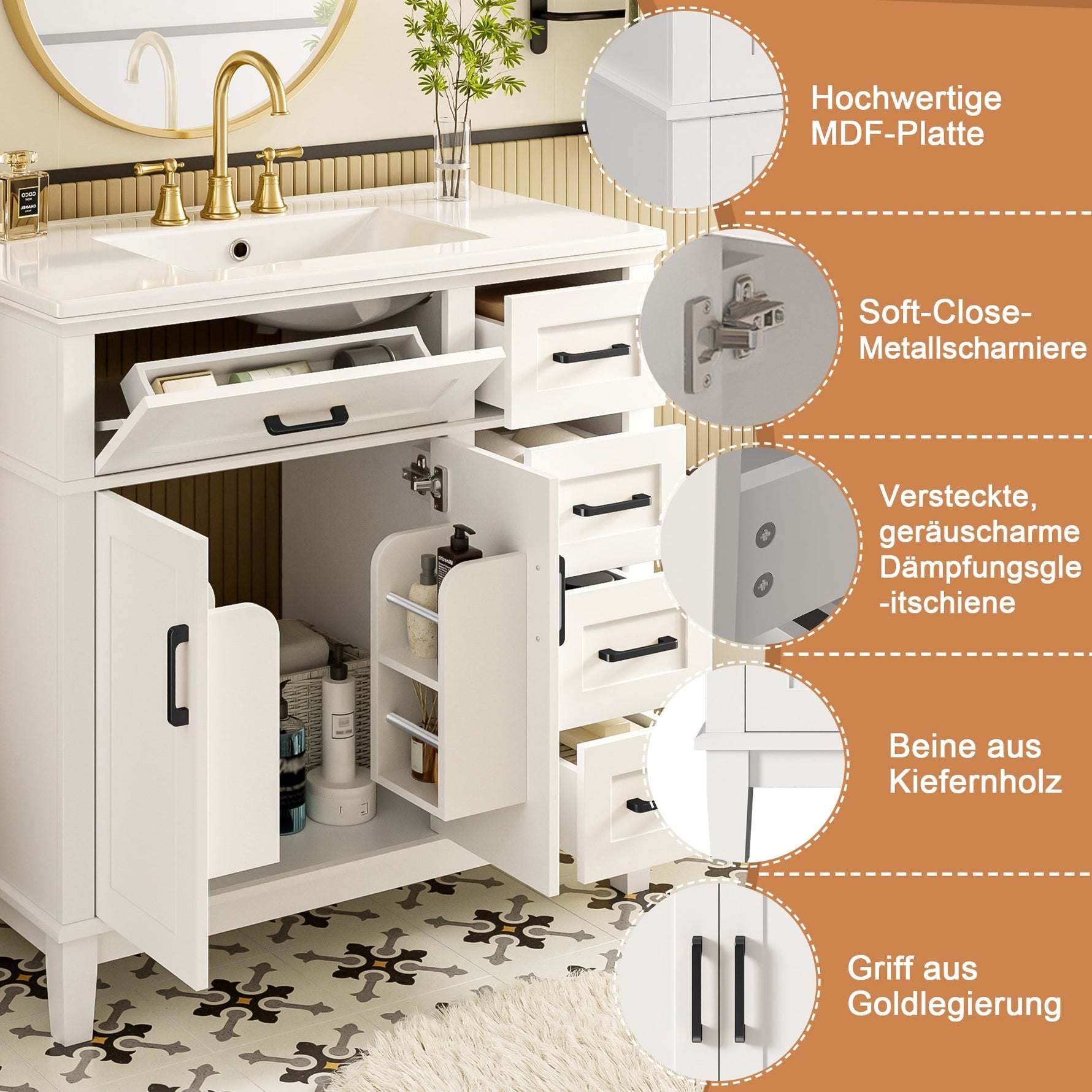 Bathroom Vanity Unit with Ceramic Sink and Soft-Close Drawers, White and Black