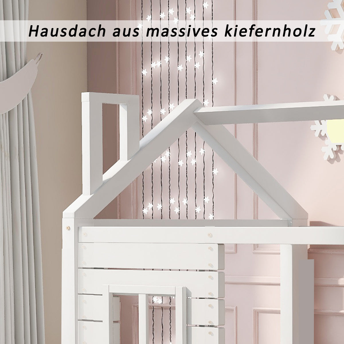 House Bed 90x200 with Fall Protection & Window, Solid Wood White