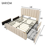 Upholstered Bed 160x200cm, Padded Headboard USB-C 4 Drawers, Beige Linen