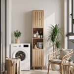 Tall Cabinet Washing Machine Cabinet with Doors and Open Shelves, Narrow Freestanding Storage, Oak Look