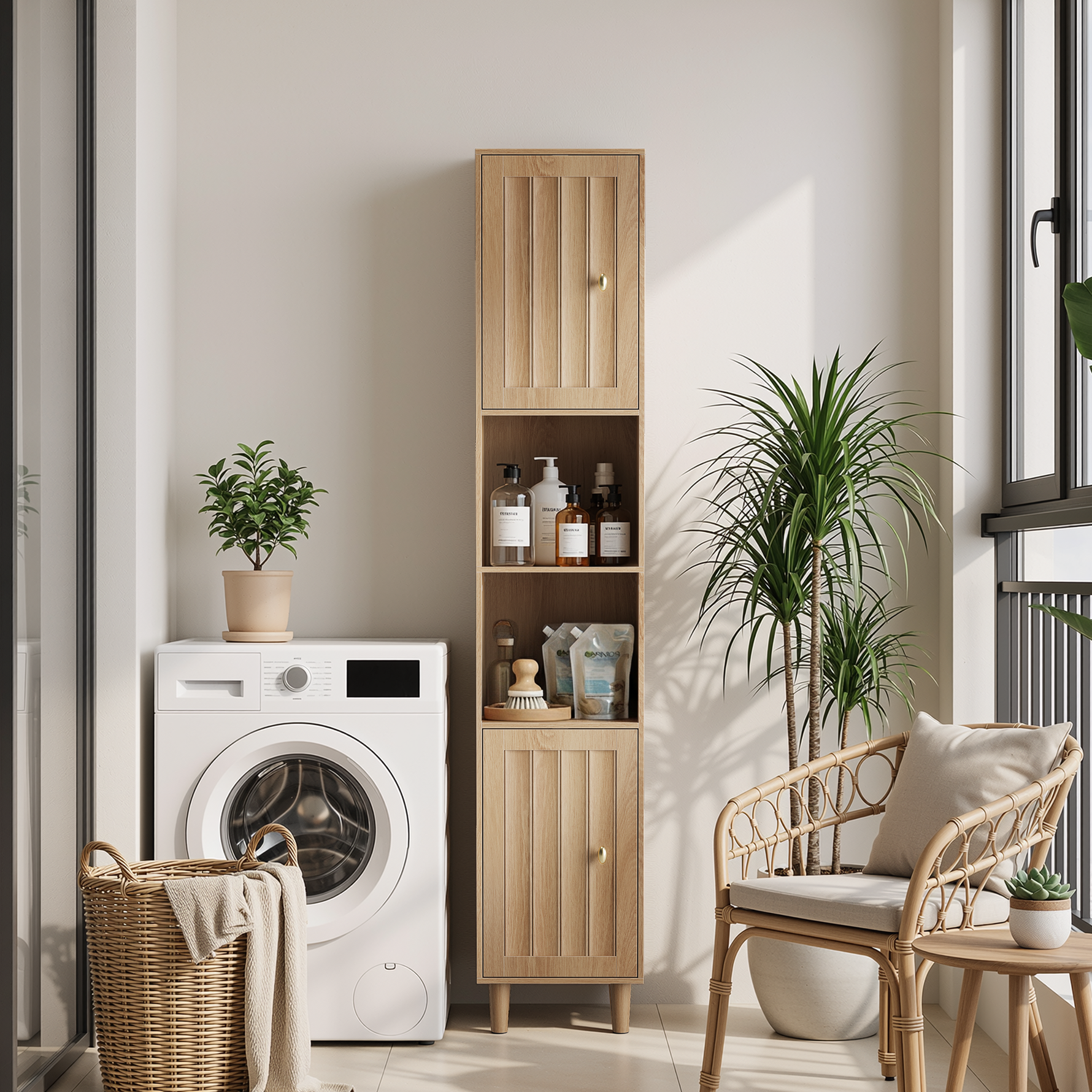 Tall Cabinet Washing Machine Cabinet with Doors and Open Shelves, Narrow Freestanding Storage, Oak Look