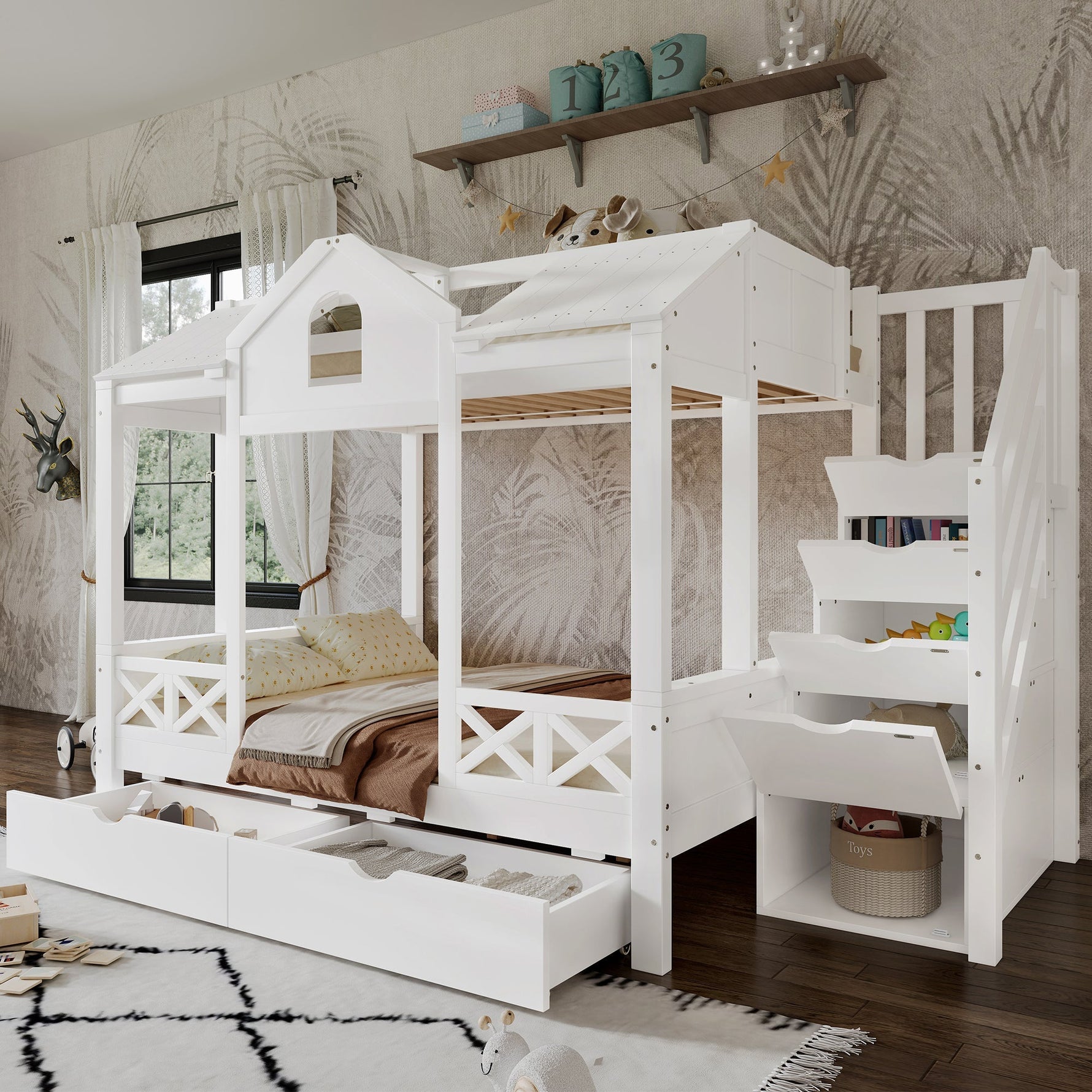Bunk Bed with Windows Roof Stair Storage Drawers 90/140x200cm White Pine