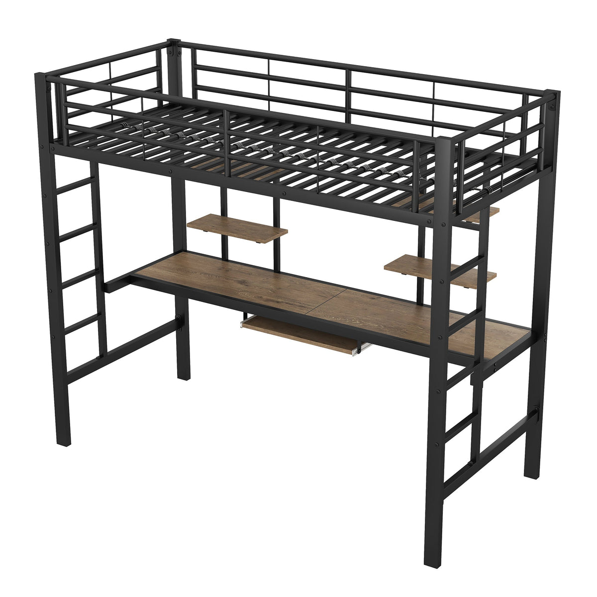 Loft Bed 90x200cm with Desk and 2 Bookshelves - Black Metal