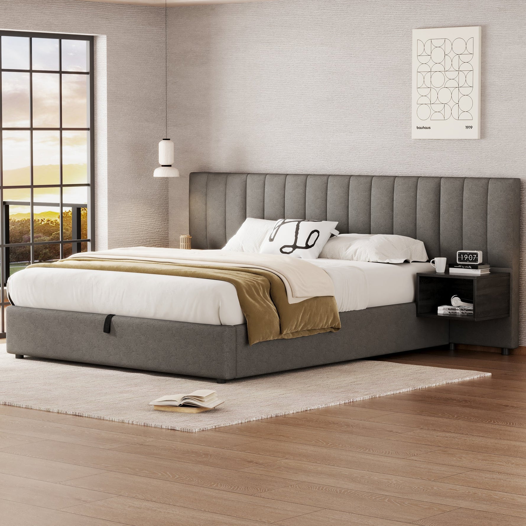 Upholstered Bed 160 x 200 cm with Hydraulic Storage and 2 Bedside Tables, Grey and Black Linen
