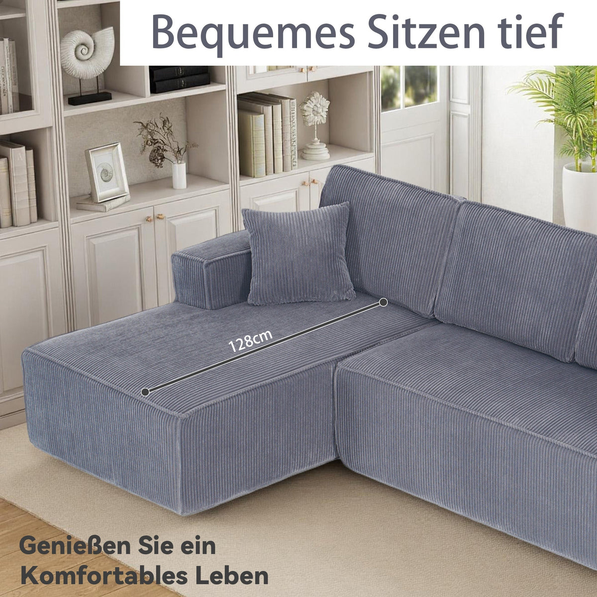 L-Shaped Modular Corner Sofa with Chaise Longue and High-Density Foam, Grey Corduroy