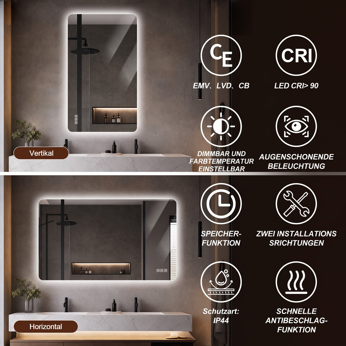 Frameless LED Bathroom Mirror 60x80 cm, Dimmable Anti-Fog, Glass