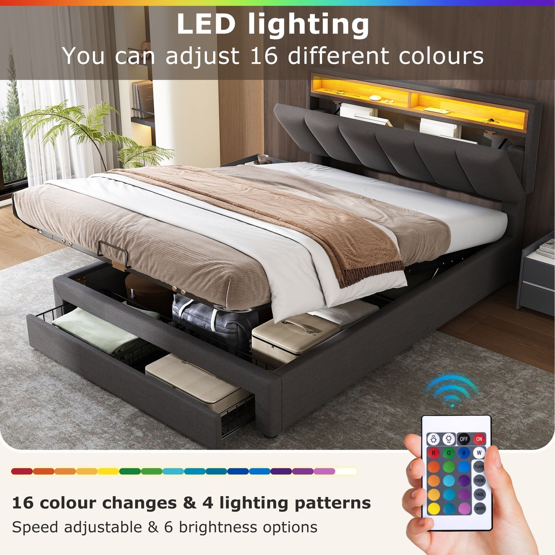 Upholstered Double Bed 180x200cm Hydraulic Storage LED Drawers - Linen Grey