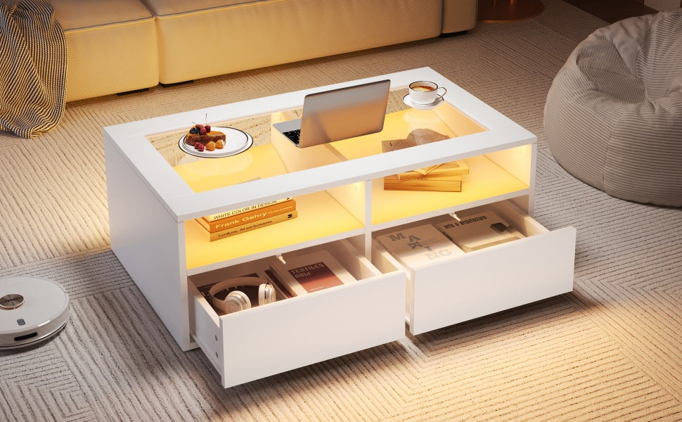 Coffee Table with LED Light and 2 Drawers, Glass and White