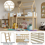 Loft Bed, Children's with Fall Protection & Rails, Roof Design, 3-Step Ladder, Pine+MDF+Plywood, White+Natural