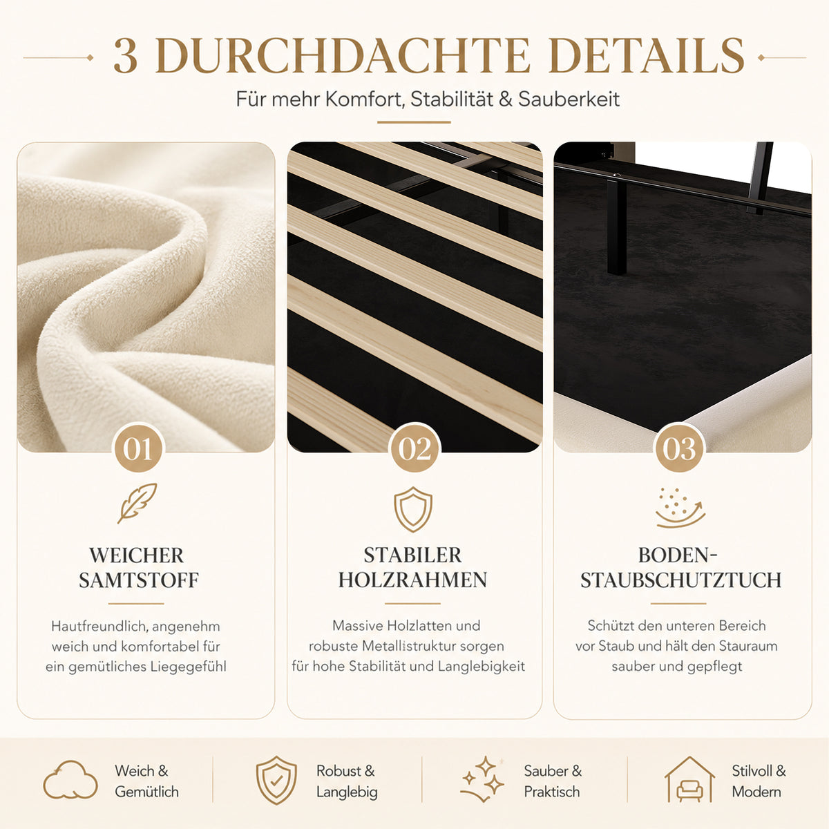 Upholstered Storage Bed 160x200cm with LED & USB, Beige Velvet