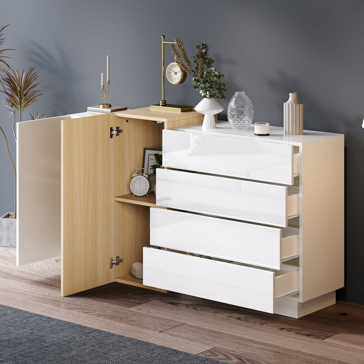 Sideboard Storage Cabinet, High-Gloss Modern Wood-Colored White