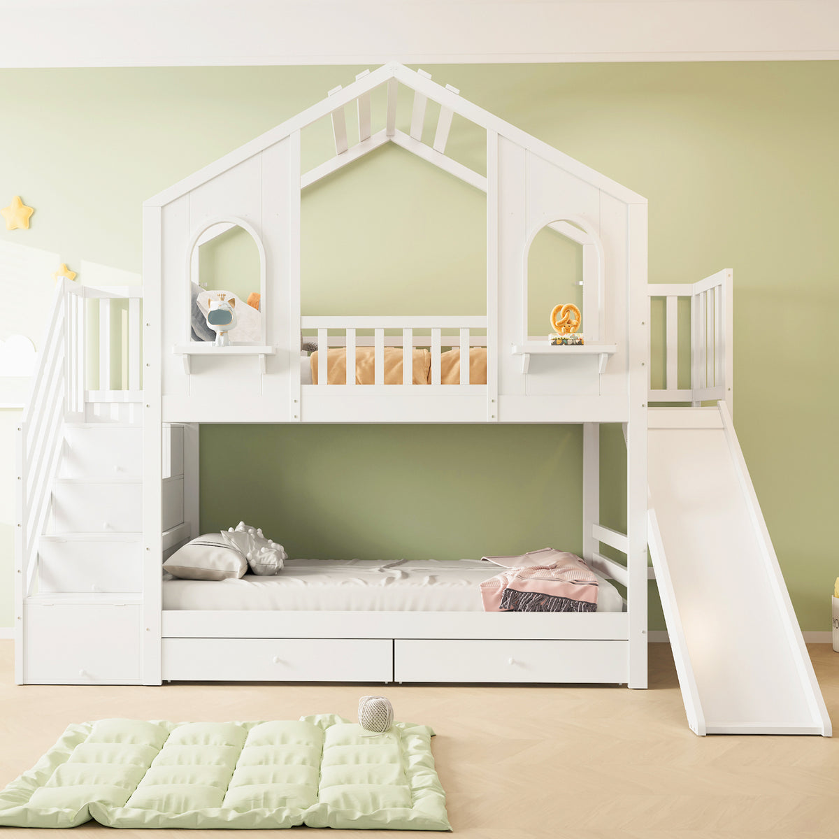 Children's Bunk Bed 90x200 House Shape with Ladder & Slide, White