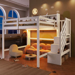 Loft Bed 140x200cm with LED Lights & Storage Ladder, White