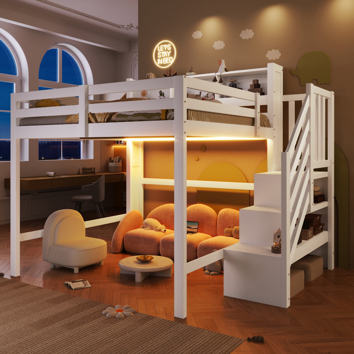 Loft Bed 140x200cm with LED Lights & Storage Ladder, White