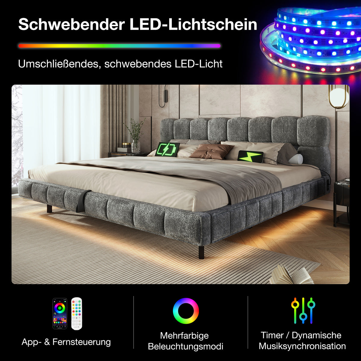 Upholstered Cloud Bed 180x200cm Hydraulic Storage LED, Grey Chenille