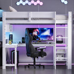 Gaming Loft Bed with Desk, LED Lighting and Charging Station, White Wood