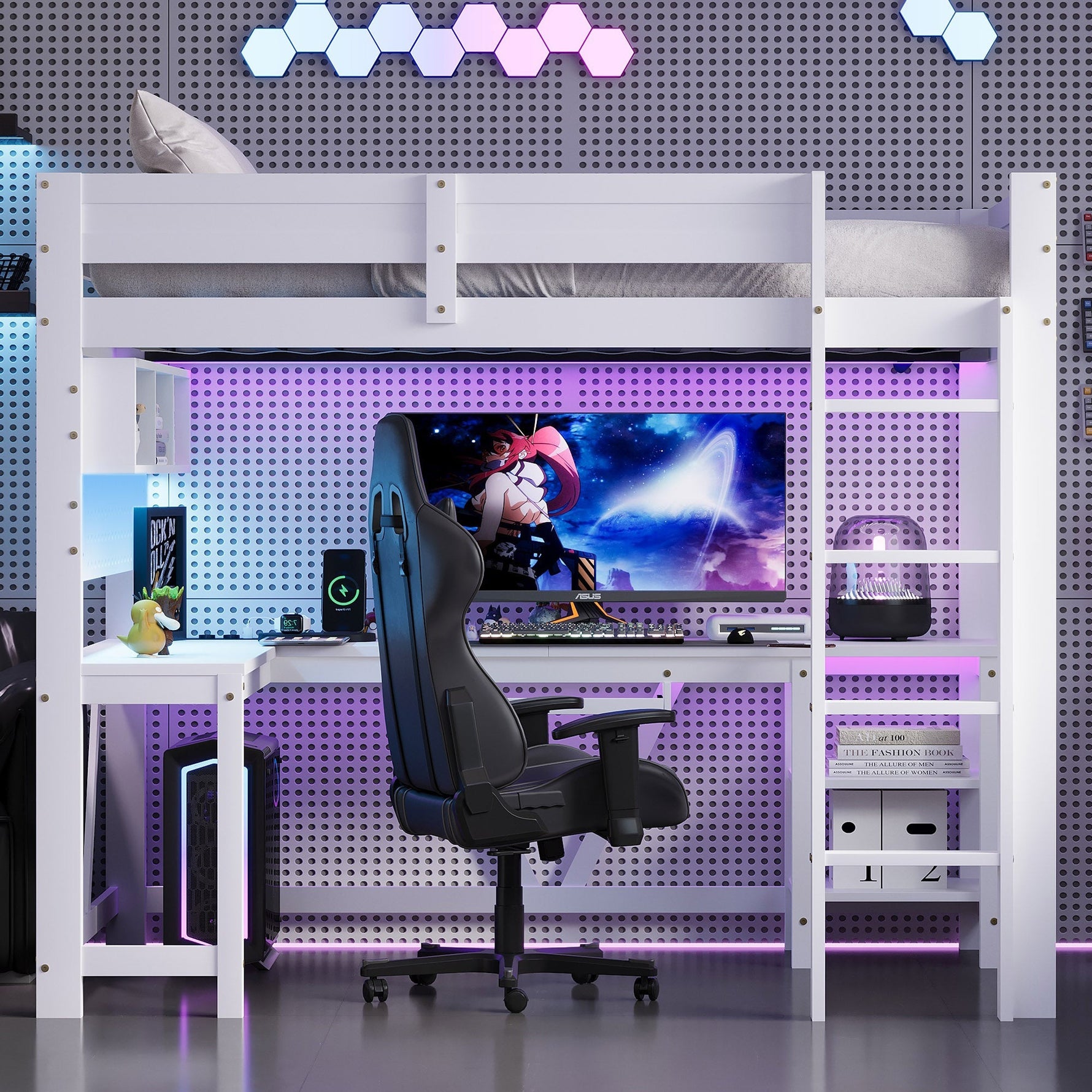 Gaming Loft Bed with Desk, LED Lighting and Charging Station, White Wood