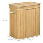 Bamboo laundry basket with lid and handles 90 liter 2 sections with removable fabric bag