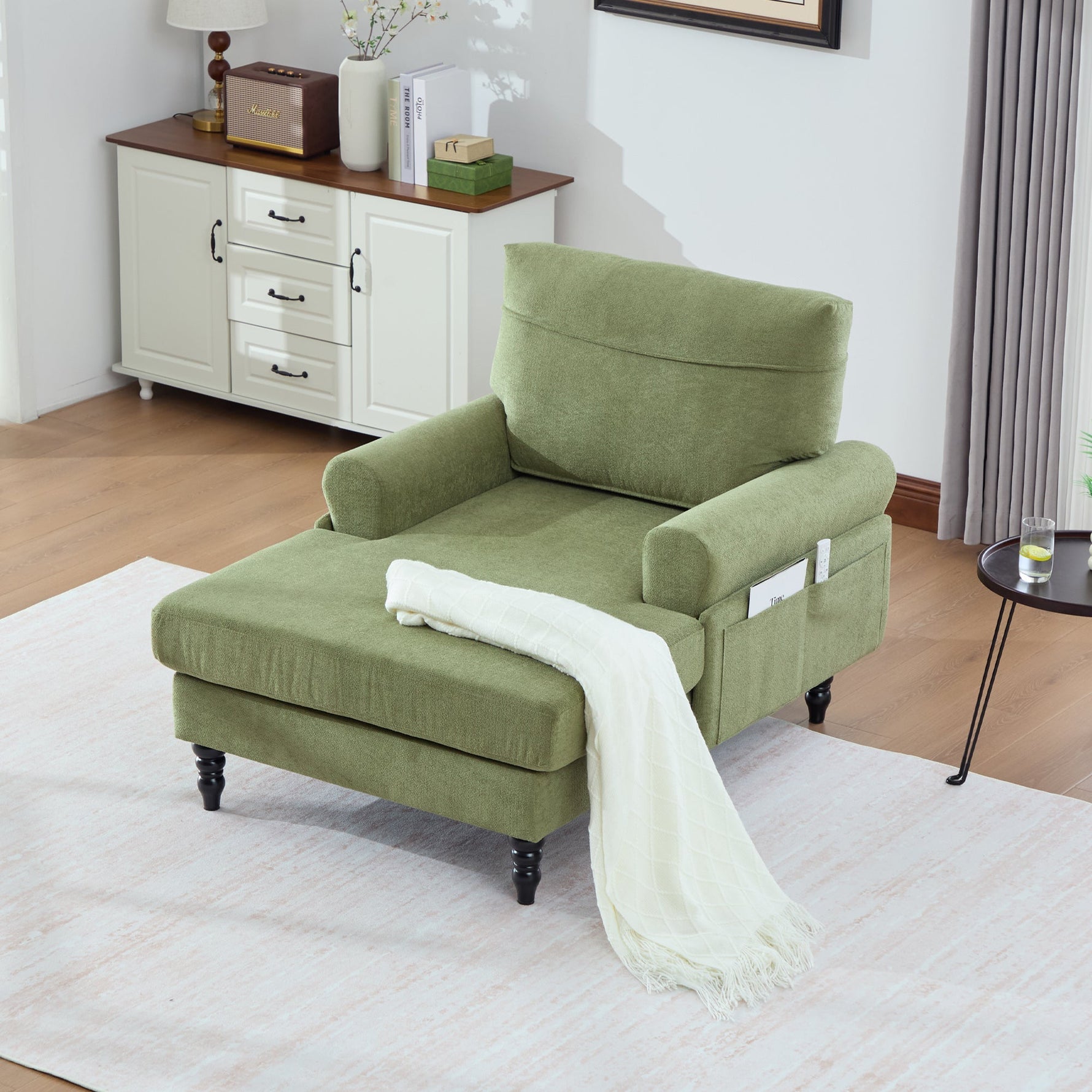 Modern Minimalist Lounger Sofa with Storage Pockets and Wooden Legs, Chenille