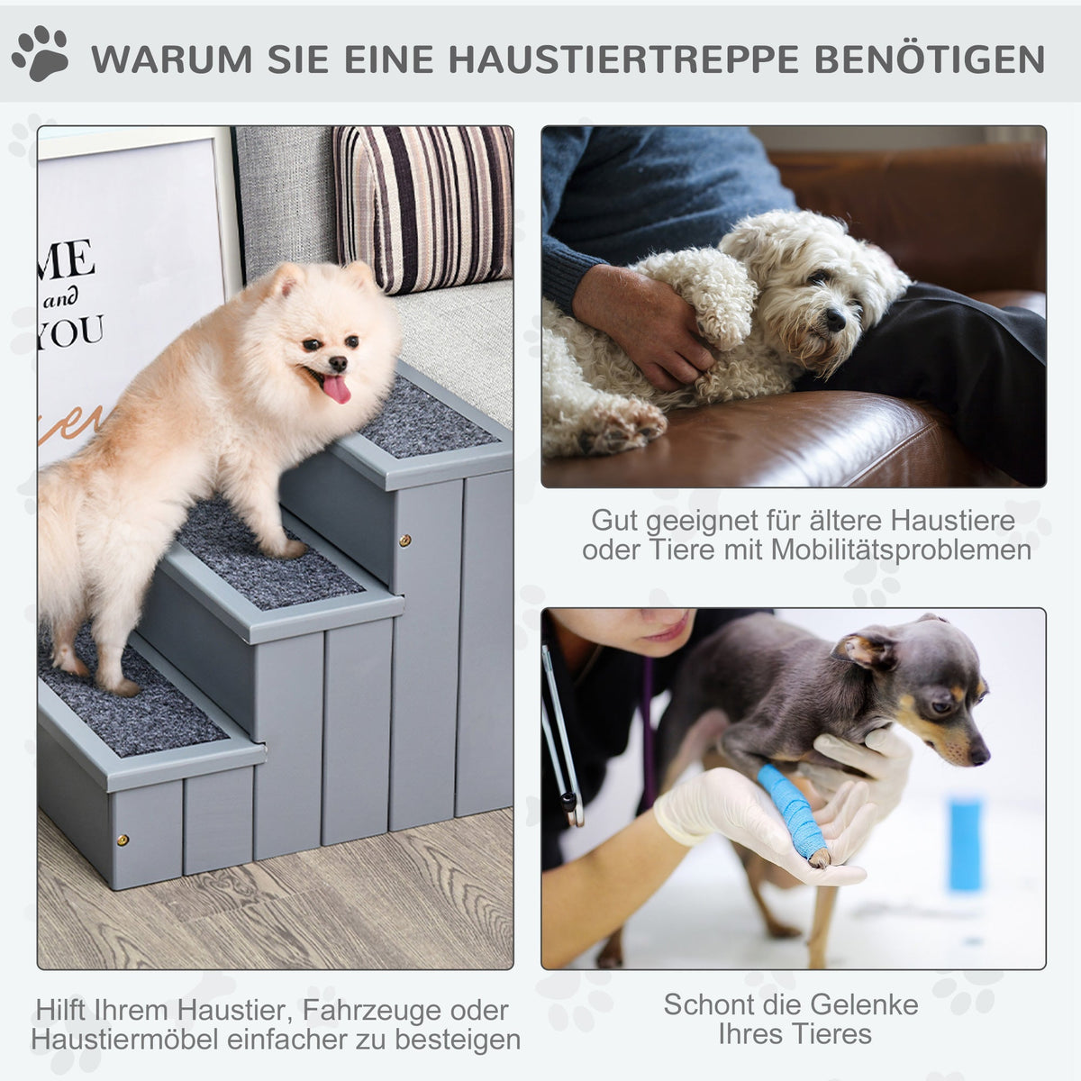 Pet Stairs Dog Stairs 3 Steps Carpet Storage, Grey