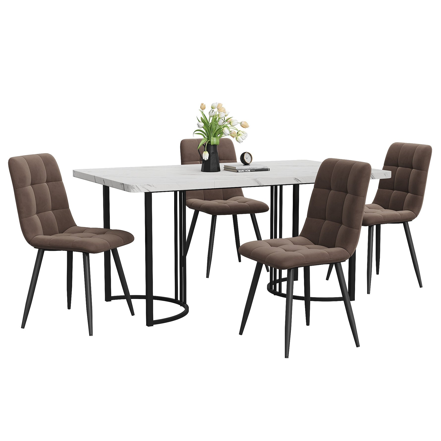 5-Piece Dining Set 140x80cm Modern Kitchen Table 4 Chairs White MDF/Brown Velvet