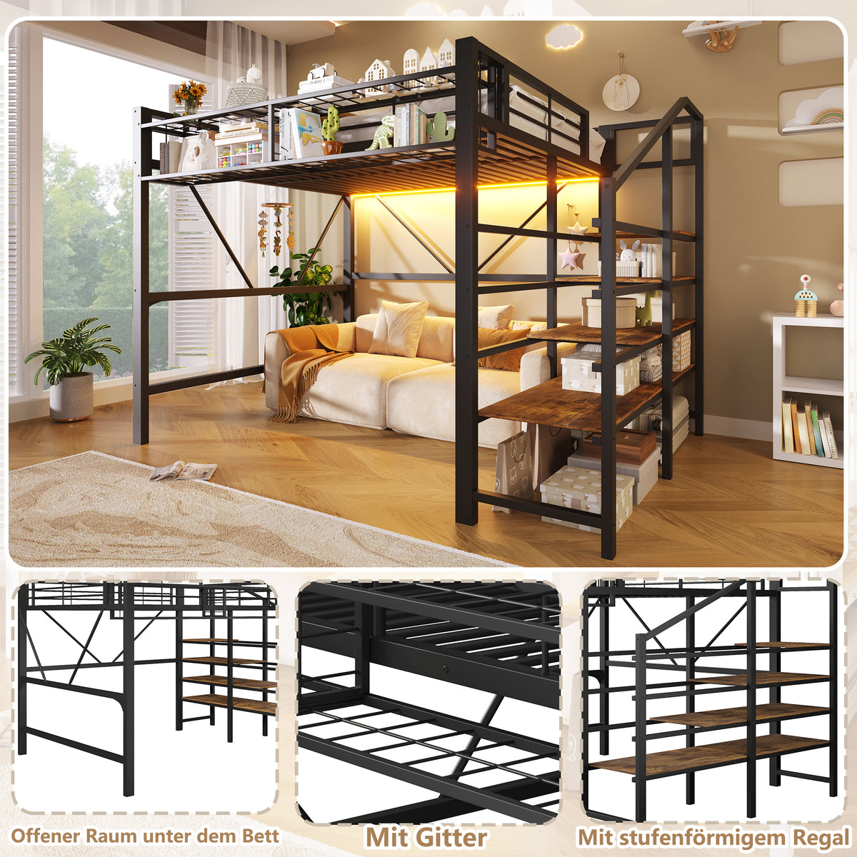Loft Bed 140x200cm with LED Light Strip, Black Metal