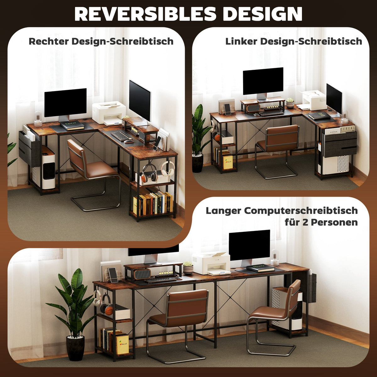 L-Shaped Desk with Corner Storage, Monitor Stand, Reversible - Rustic Brown