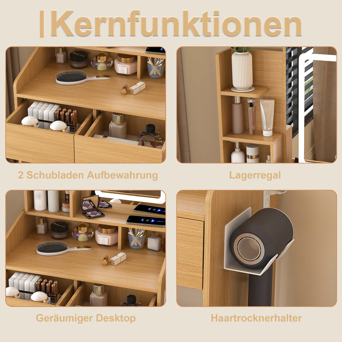 Dressing Table Set with LED Mirror & Power Outlet, Wood