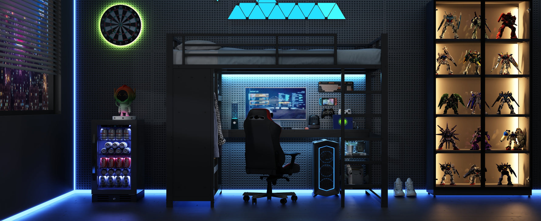Loft Bed 160x200 Gaming Desk LED Storage Wardrobe - Black Metal