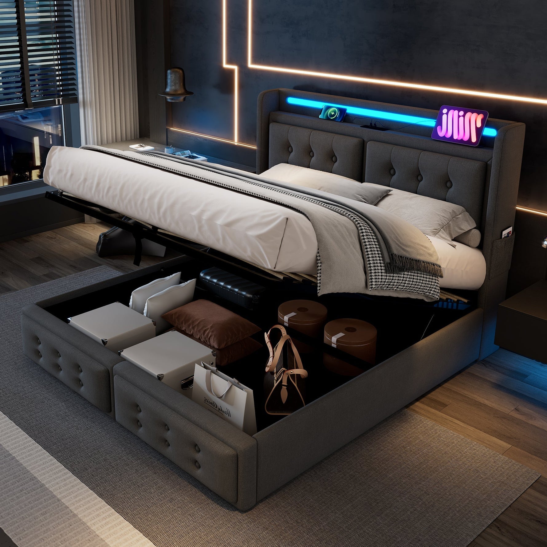Upholstered Double Bed with LED Headboard, USB C and Hydraulic Storage, 180x200cm, Grey Cotton