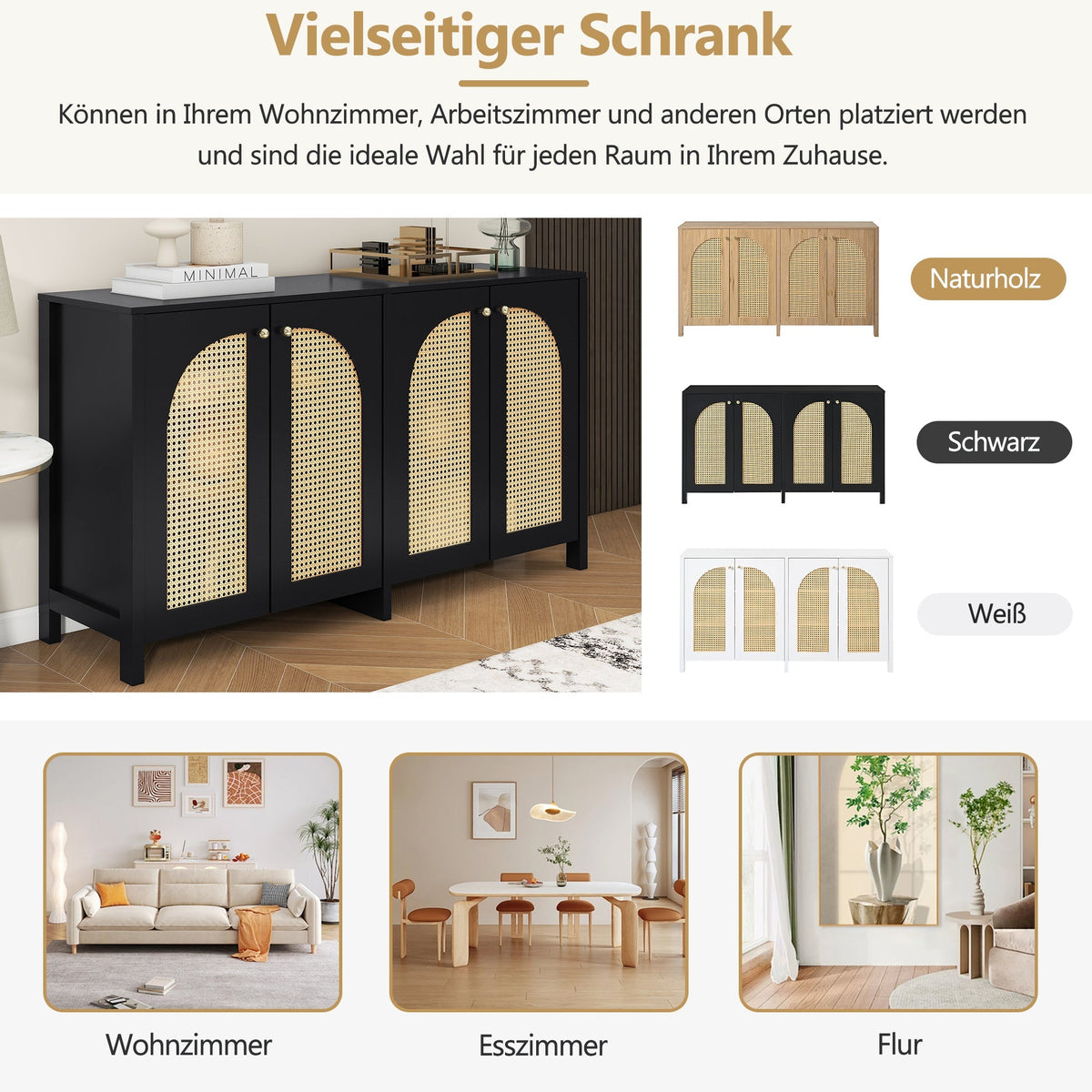 Sideboard, Minimalist with 4 Rattan Doors & Metal Handles, Black