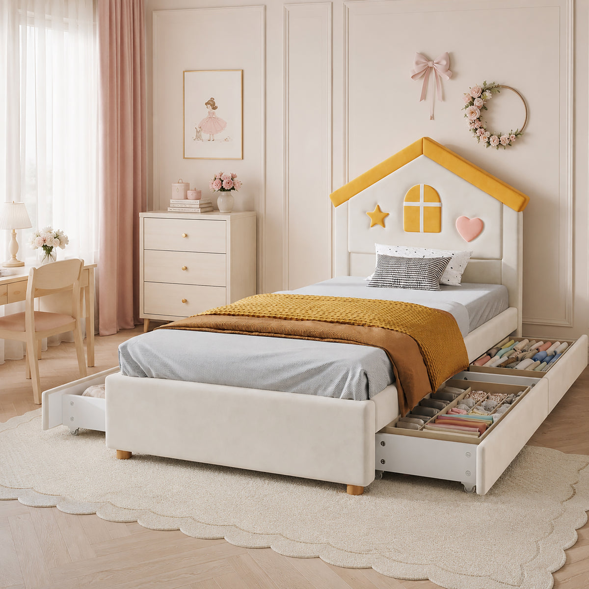 Children's House Bed 90x200 with 4 Drawers, Beige Velvet