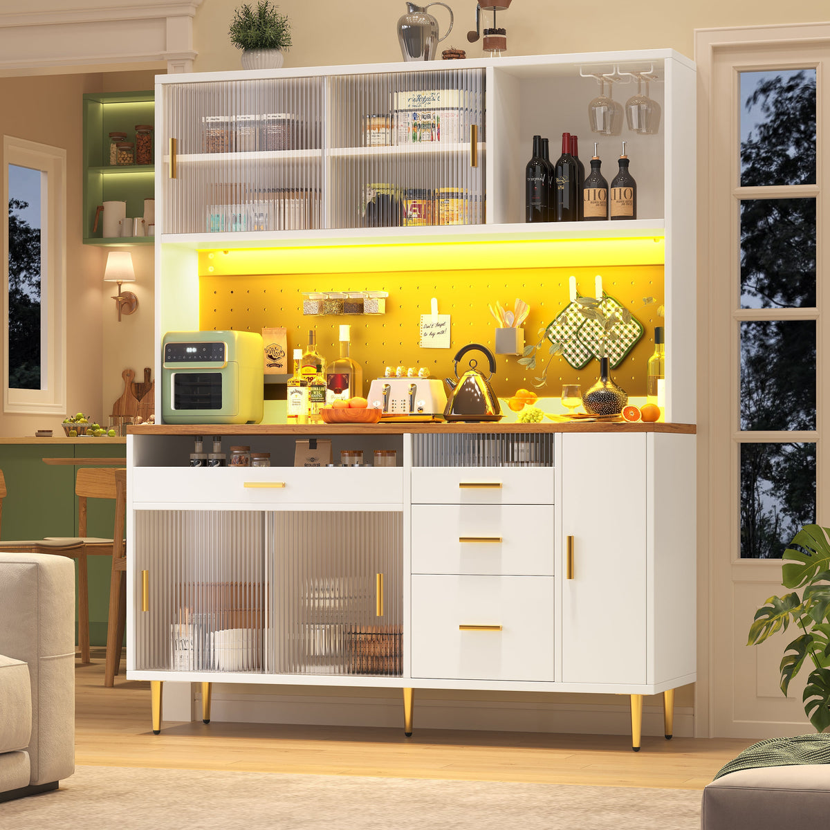 Tall Cabinet with LED Lighting and Pegboard Shelves, White