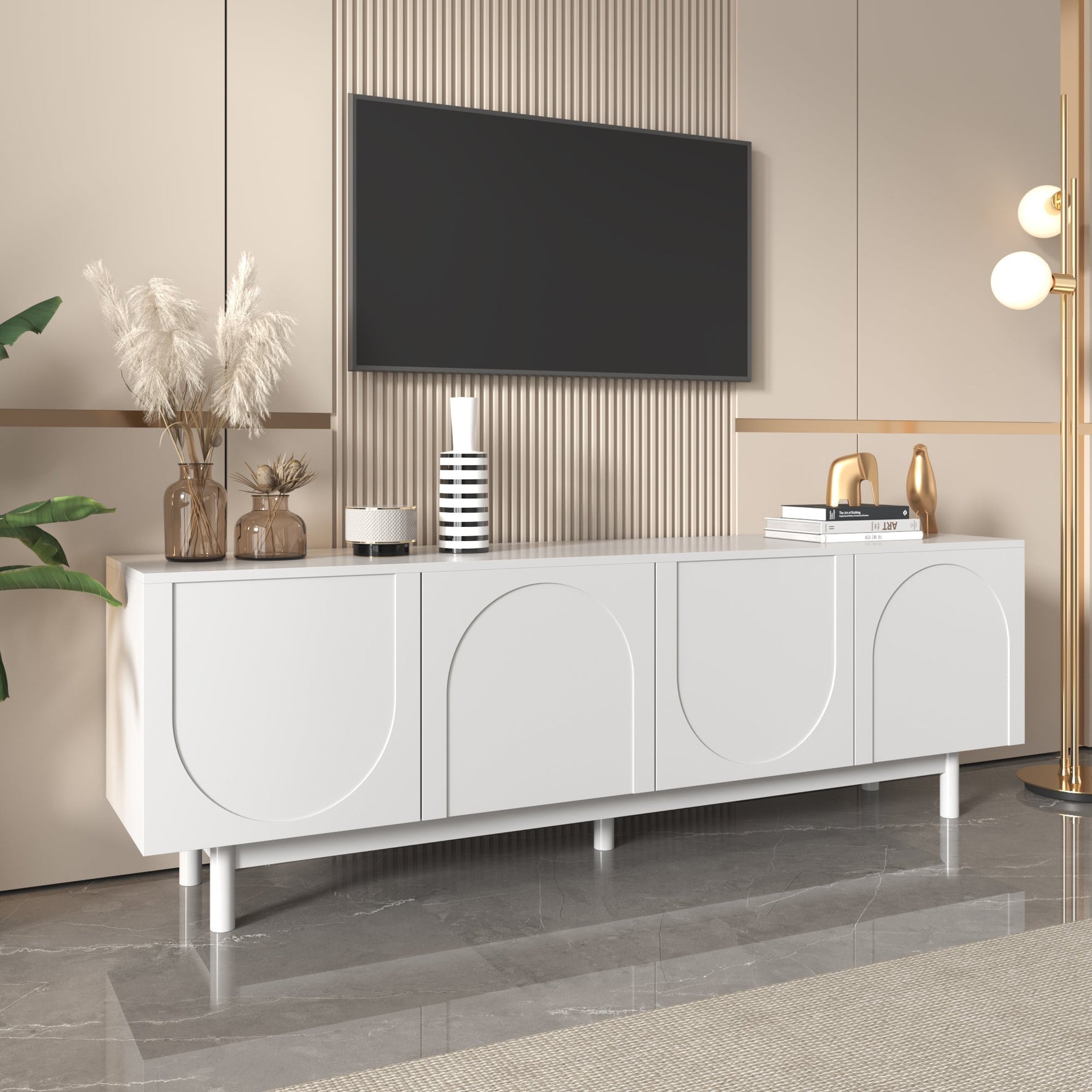 TV Cabinet, 175x38x56 cm Adjustable Shelves Lowboard, White