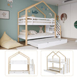 Bunk Bed, Pull-Out Treehouse with Sliding Bed & 3-Drawer Stairs, Natural + White