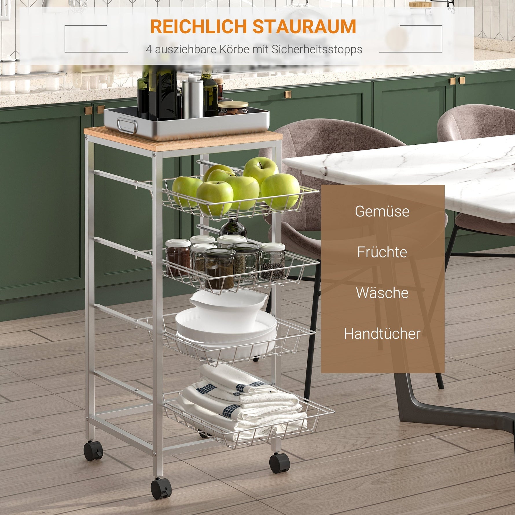 Serving Cart with Metal Baskets, 36.5 x 36.5 x 89 cm, Silver