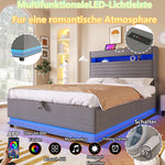 Upholstered Bed 90x200cm with LED & Storage, Grey Linen